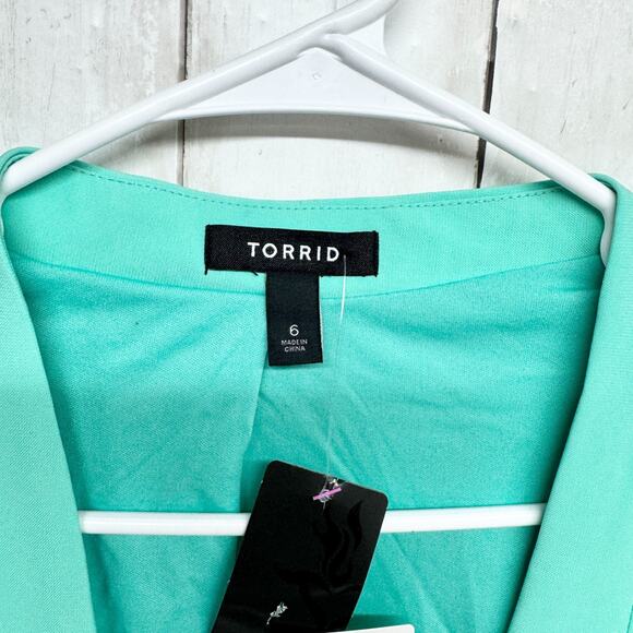 New Torrid Jacket Women Sz 6 Teal Open Front Collared Long Sleeve Blazer Preppy - Picture 2 of 8